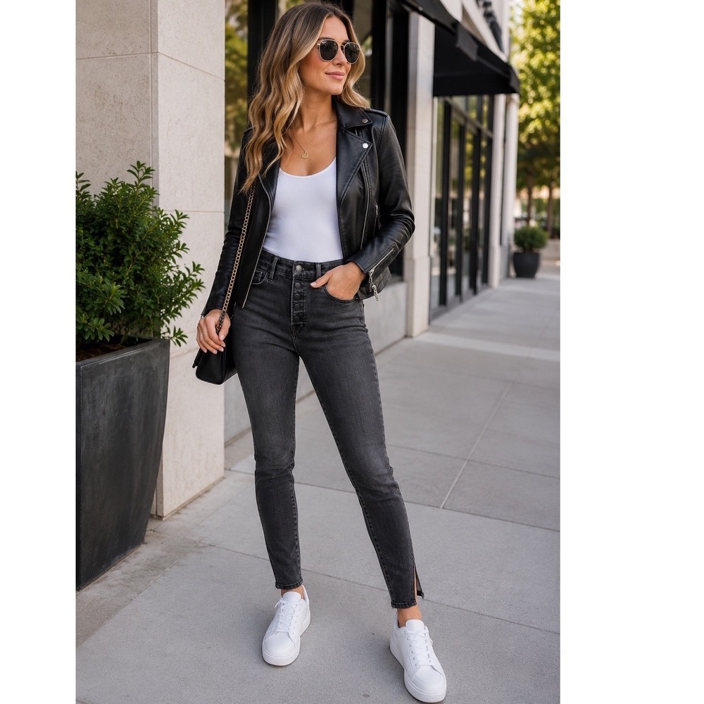 Good American High Rise Skinny Jeans Black Button Fly Ankle Slit Size 6/28